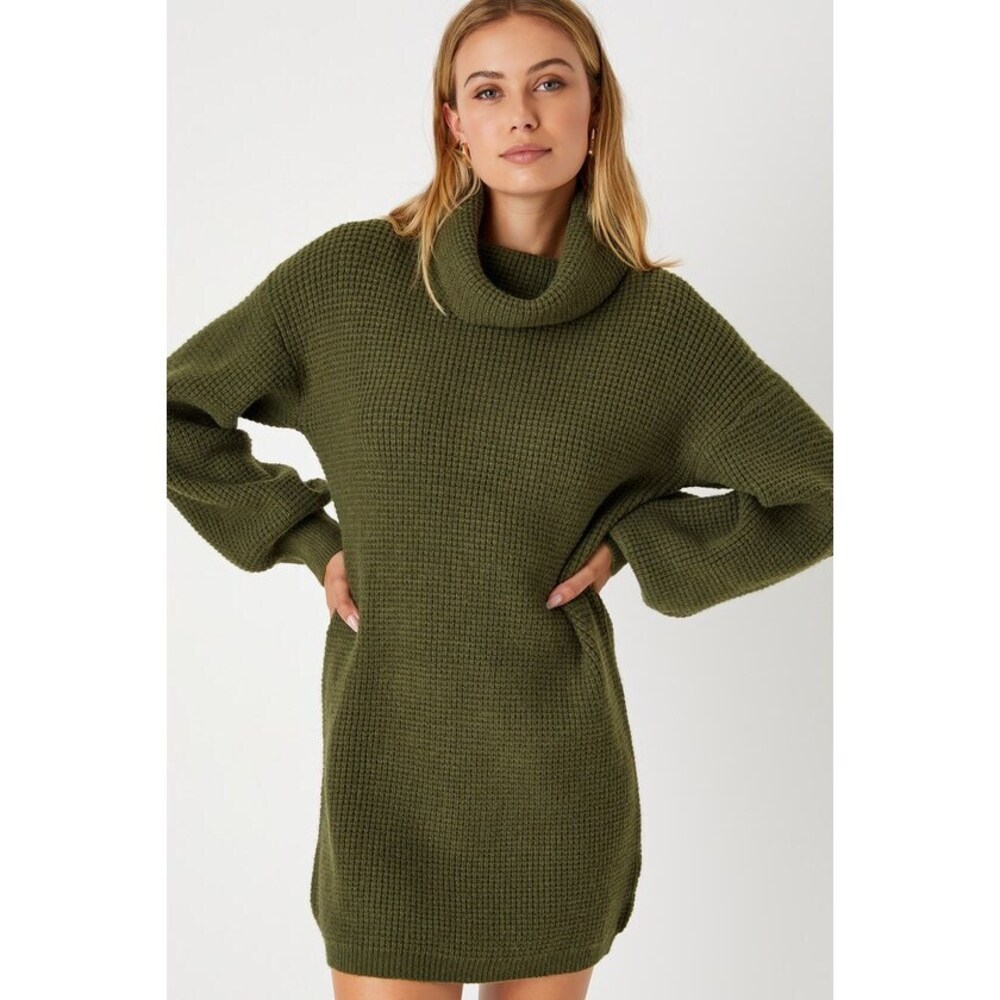 Lulus Casual Coziness Olive Green Waffle Knit Cowl Neck Sweater Dress - Size XS